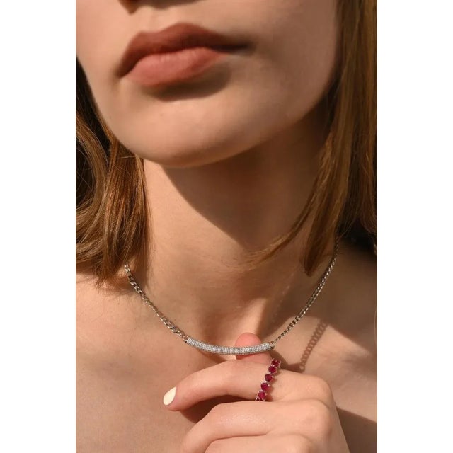 Art Deco 14k Solid White Gold Cluster Diamonds Bar Chain Necklace For Sale - Image 3 of 16