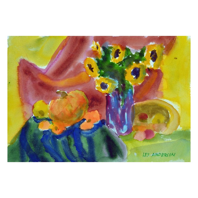 Vintage Harvest Still Life With Sunflowers and Pumpkin by Les Anderson For Sale - Image 4 of 4