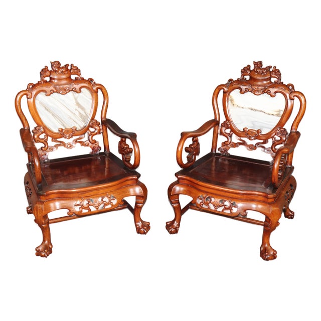 Pair Vintage Chinese Carved Mahogany and Marble Back Arm Chairs For Sale