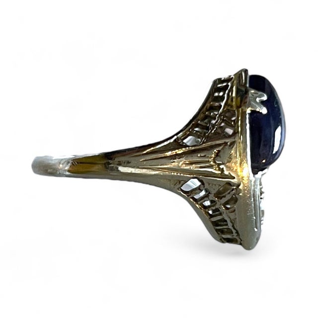 Art Deco Mid 20th Century 18k White Gold Marquise Sapphire With Diamond Ring, Size 5.5 For Sale - Image 3 of 6