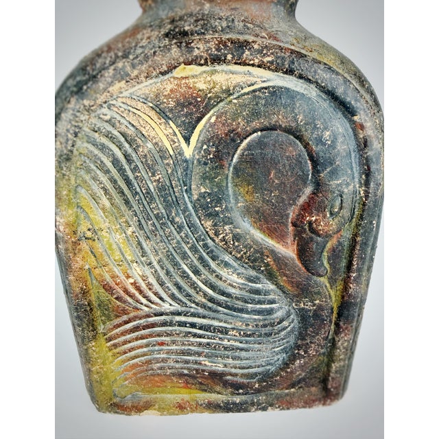 Contemporary Primitive Folk Art Clay Vessel With Swan Relief | Rustic Hand-Formed Earthenware Bottle For Sale - Image 3 of 7