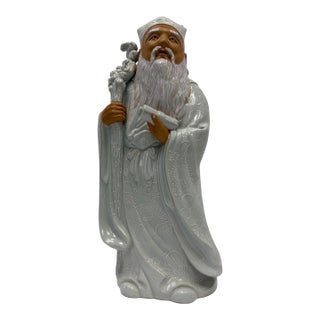 Vintage Signed Japanese Kutani Moriage Porcelain Jurojin Statue For Sale
