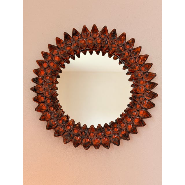 Brown Sculptural Ceramic Wall Mirror attributed to Marie-Thérèse Kaikinger for Le Caillou Paris, 1970s For Sale - Image 8 of 8