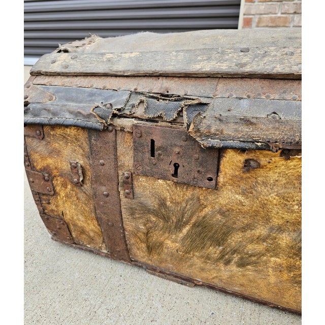 French Authentic 18th C Parisian Louis XV Period La Forest Signed Hide Wrapped Horse Carriage Trunk Antique Blanket Chest For Sale - Image 3 of 12