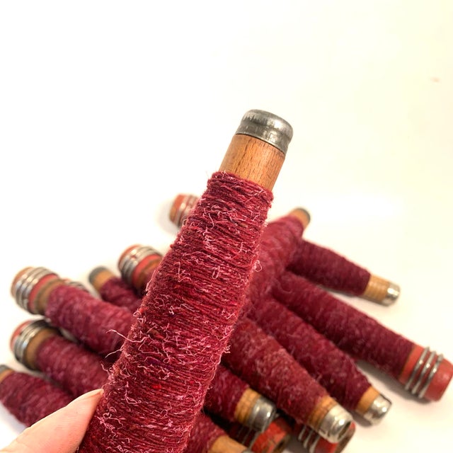 Wood Early 20th Century Wooden Textile Quills Burgundy Thread Wound Set of 12 For Sale - Image 7 of 10