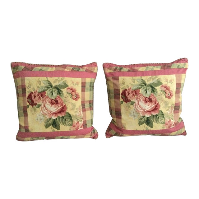 Floral and Plaid Feather Filled Pillows- a Pair For Sale