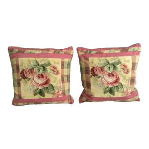 Floral and Plaid Feather Filled Pillows- a Pair