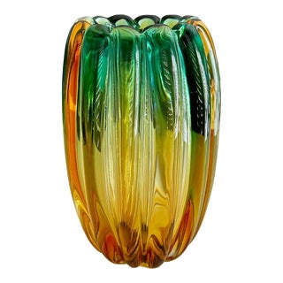 Murano Barbini Gold Green Ribbed Glass Murano Vase For Sale