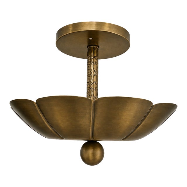 Vintage Brass Shell Semi Flush Mount Light, Handmade Scalloped Brass Ceiling Chandelier, Art Deco Brass Fixture, Mid Century Ceiling Light For Sale
