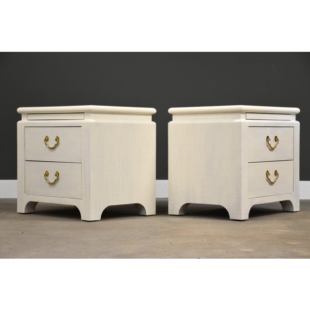 1970s White Karl Springer Style Grass Cloth Nightstands - A Pair For Sale - Image 4 of 10