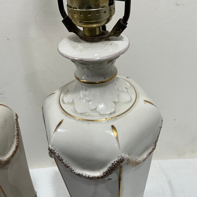 Off-white Pair French Empire Neoclassical Mid Century Porcelain Table Lamps Butterfly Finial For Sale - Image 8 of 11