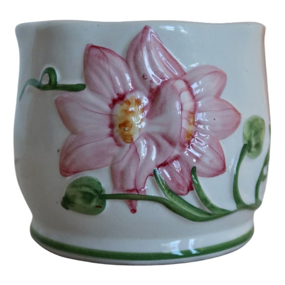 Small Vintage Earthenware Planter with Pink Flower Pattern For Sale