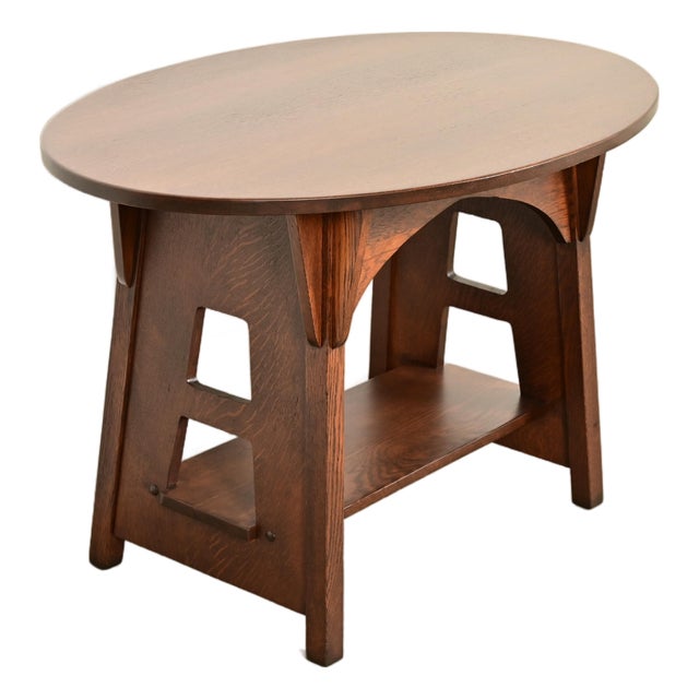 Limbert Antique Mission Oak Arts & Crafts Oval Cutout Center Table or Library Table, Newly Refinished For Sale
