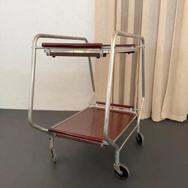 Metal Art Deco Aluminum Bar Cart Trolley With Bakelite Tray Handles For Sale - Image 7 of 8