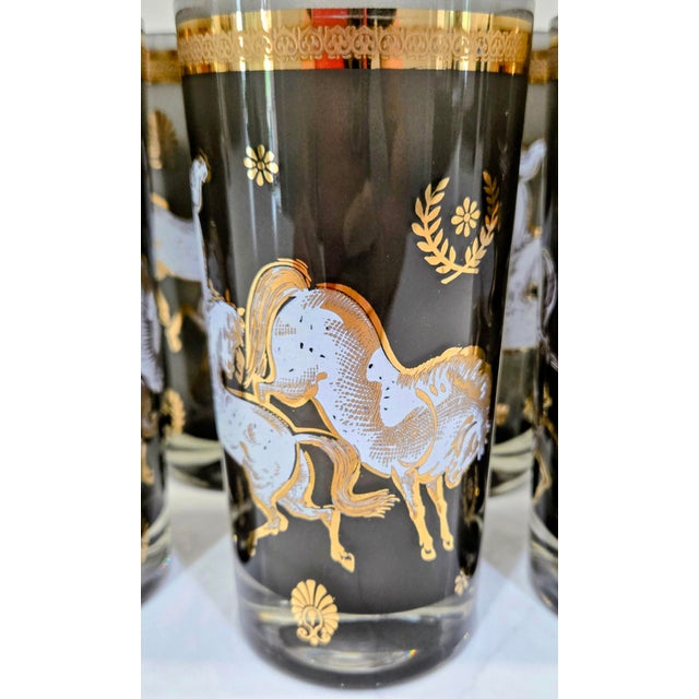 1960s Vintage Culver-Attributed "Ming" Wild Horses Smoke Glass Highballs, Set of 8 For Sale - Image 5 of 10