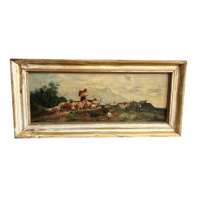 19th Century Oil on Canvas ~ Shepherd With Sheep For Sale