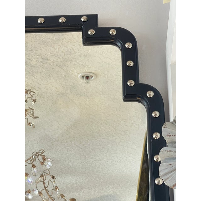 Pair Tall Wood Wall Mirrors With Large Nickel Nail Heads, Mid Century For Sale - Image 9 of 12