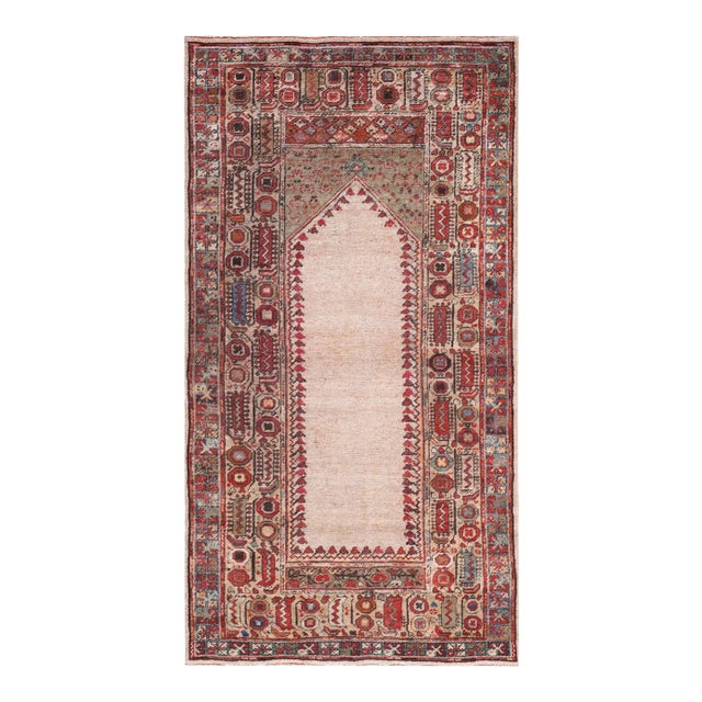 1870s Ivory Geometric Tribal Antique Turkish Oushak Ghiordes Prayer Rug 3'6" X 6'4" Handknotted Wool Carpet For Sale