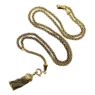 19th Century 14k Gold Victorian Fancy Link Long Chain With Drop and Enameled Tassel For Sale