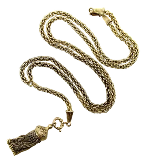 19th Century 14k Gold Victorian Fancy Link Long Chain With Drop and Enameled Tassel