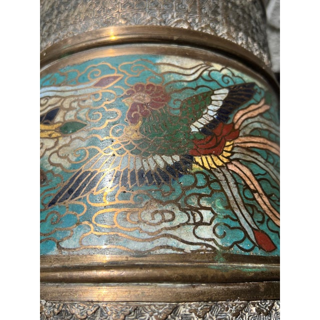 Antique Chinese Bronze & Cloisonné Phoenix Umbrella Stand For Sale - Image 11 of 12