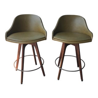 1950s Mid Century Modern Olive Green Swivel Bar Stools - a Pair For Sale