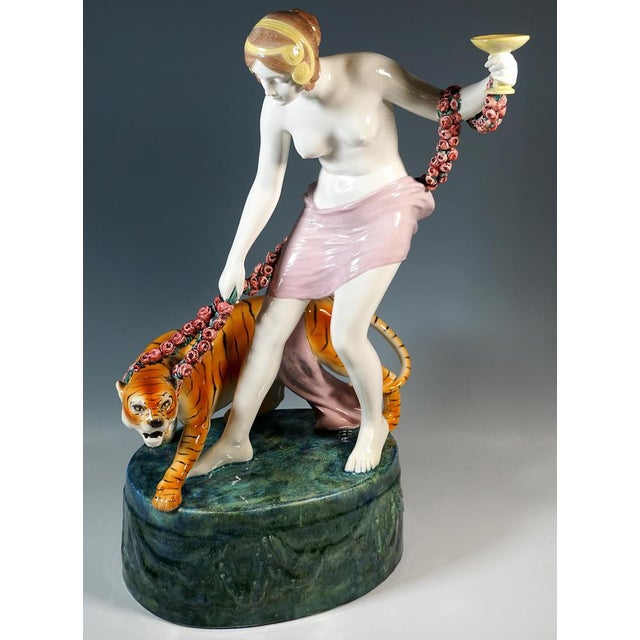Ceramic Large Art Nouveau Bacchante with Tiger Figurine by Rose for Goldscheider, Vienna, Austria, 1922 For Sale - Image 7 of 12