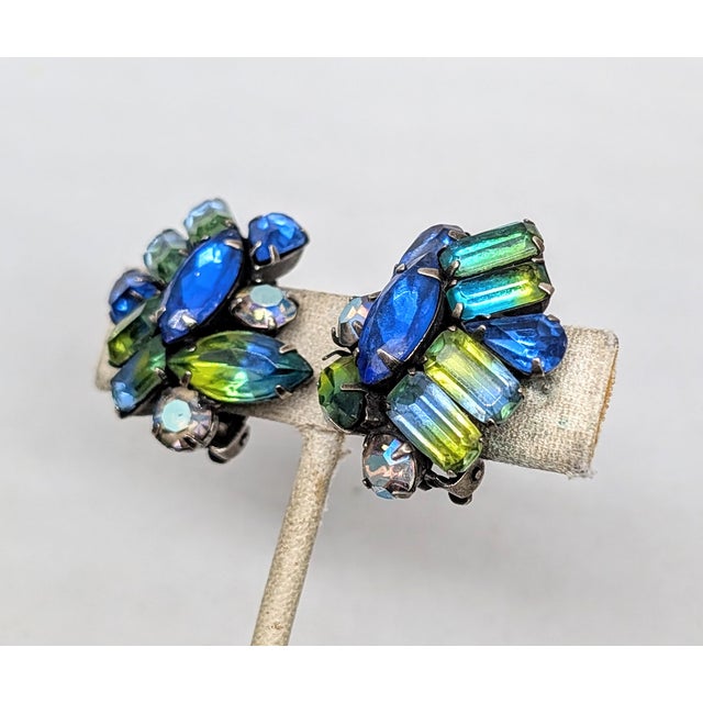 1960s silvertone prong set marquis and two pear shaped faux-sapphires with four baguette blue/green cuba rhinestones with...