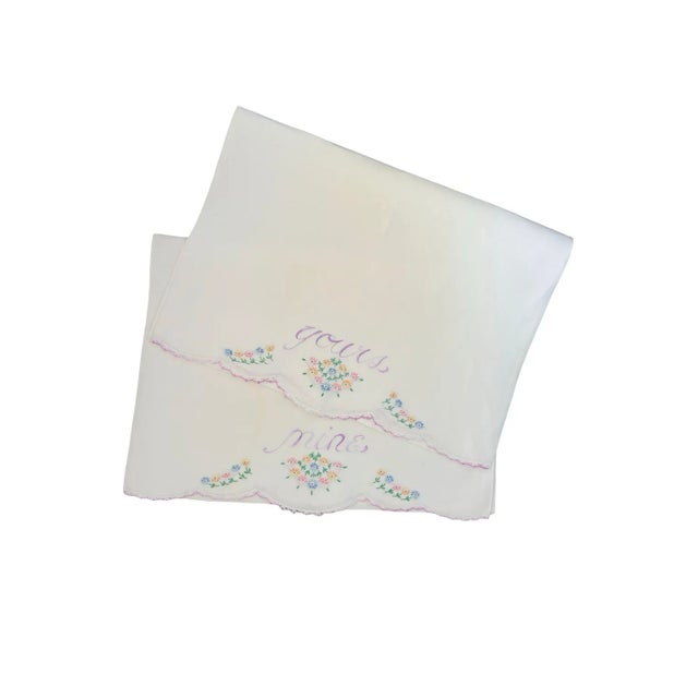White Vintage 1950s "Mine & Yours" King Size Pillowcases – Hand-Embroidered Bridal Linen Pair With Hand-Crocheted Scalloped Edges | Heirloom Cotton For Sale - Image 8 of 8