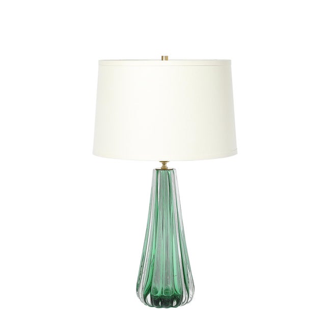 Modern Modernist Hand-Blown Fluted Translucent Sea Green Hue Murano Glass Table Lamps For Sale - Image 3 of 10