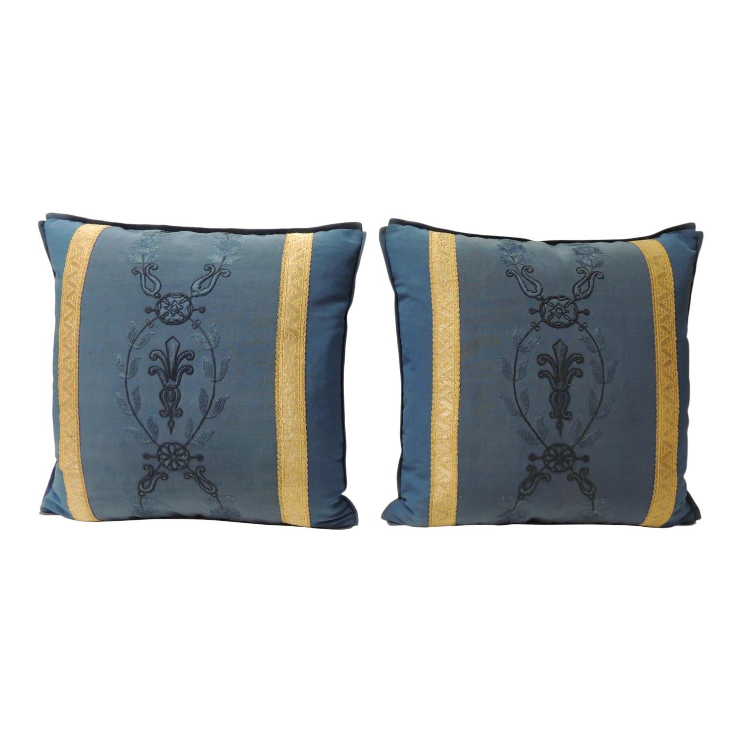 Pair Of Royal Blue Embroidery Antique Textile Decorative Pillows