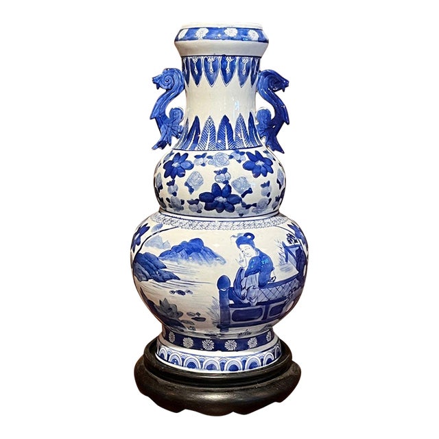 15" Chinese Blue & White Porcelain Double Gourd Vase Scholar Maiden Figures For Sale