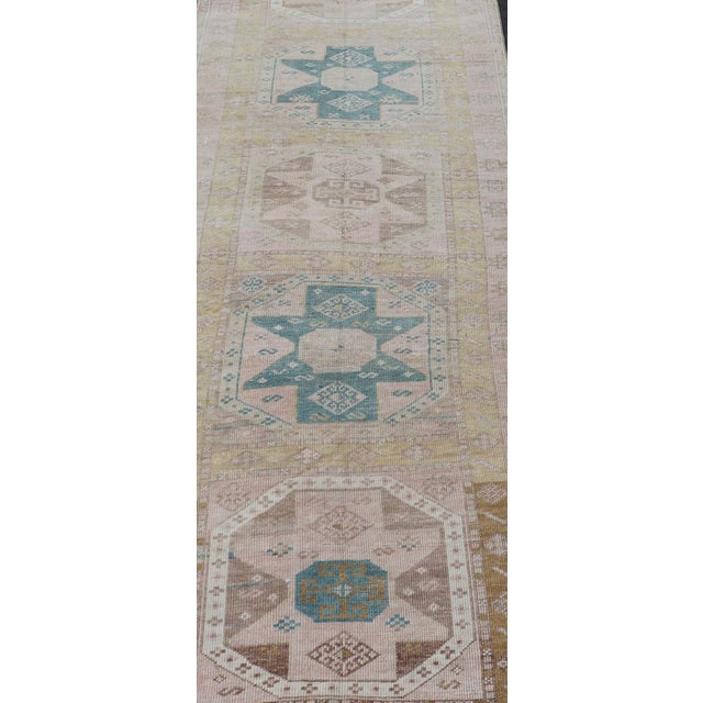 Textile Antique Turkish Oushak Runner With Geometric Medallion Design 3'2" X 10'11" For Sale - Image 7 of 12