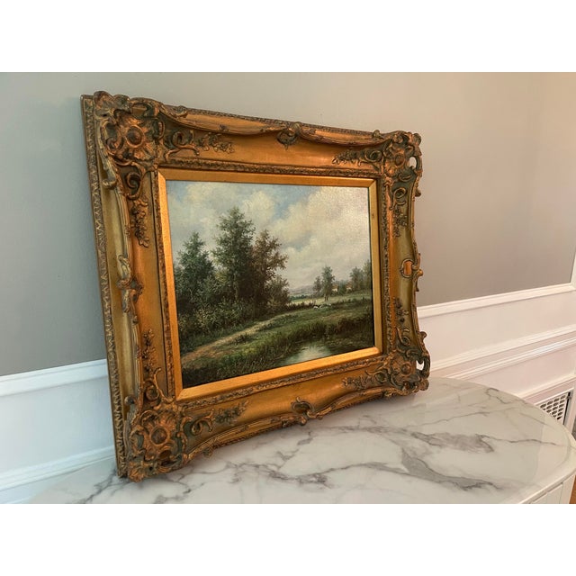 Mid 20th Century Original Vintage Landscape Oil Painting on Canvas Sheep in Meadow Signed by Artist For Sale - Image 5 of 12