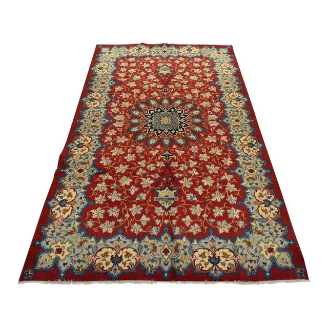 Kashan Rug 7’1” X 10’10” Red Wool Vintage Traditional Hand-Knotted Carpet For Sale