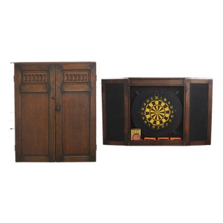 Vintage Feudal Oak Hanging Dart Board Cabinet For Sale