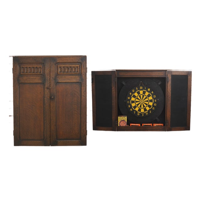 Vintage Feudal Oak Hanging Dart Board Cabinet For Sale