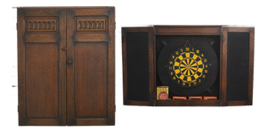 Vintage Feudal Oak Hanging Dart Board Cabinet