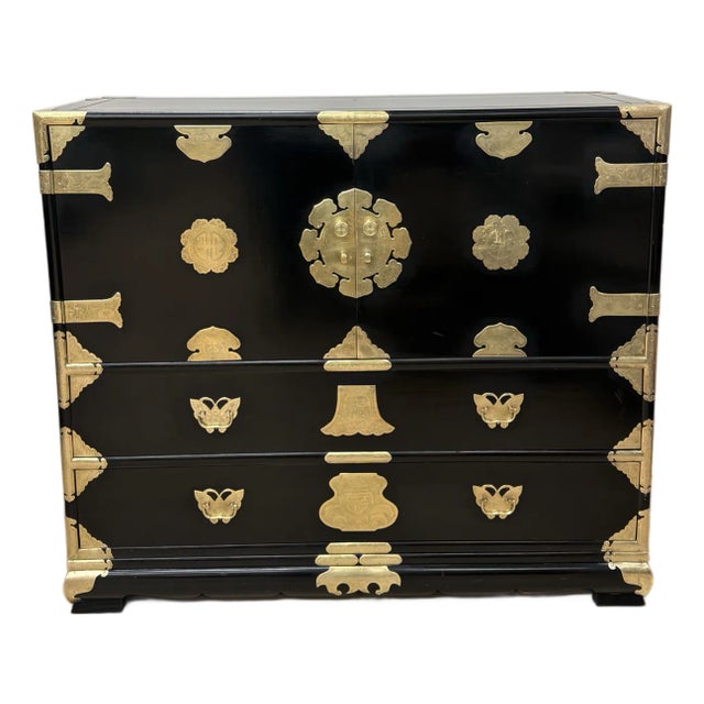 Mid-Century Japanese Isho-Tansu Chest in Black Lacquer With Gilt Brass Hardware – Kiri Wood For Sale