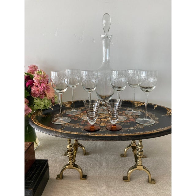 Transparent Vintage Hand Cut Blown Glass Decanter & 11 Glasses Set For Sale - Image 8 of 9