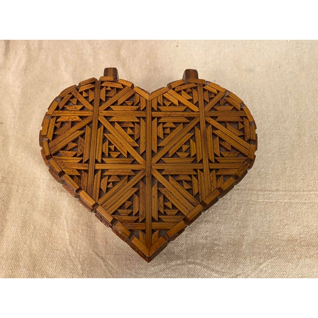 Late 20th Century Heart Shaped Hinged Lid Tramp Art Folk Art Trinket Box For Sale - Image 4 of 12