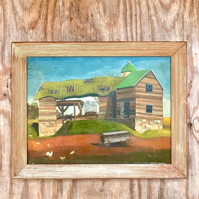 Abstract Vintage Signed American Folk Art Farm Landscape Oil Painting For Sale - Image 3 of 13