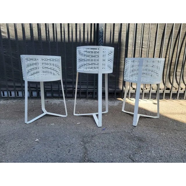 Vintage set of three mid-century modern industrial white metal kitchen baskets. can use in many ways as kitchen, laundry,...