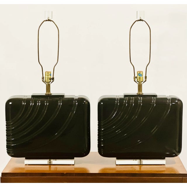 Postmodern 1980s Postmodern Large Black Ceramic and Lucite Table Lamps, Pair For Sale - Image 3 of 12