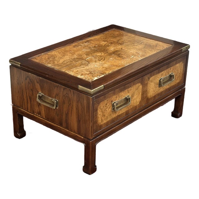 Petite Campaign Style Burlwood Coffee Table by Knob Creek For Sale