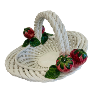 Majolica Pottery Basket - Italian Ceramic White Woven Basket With Strawberries -1970s