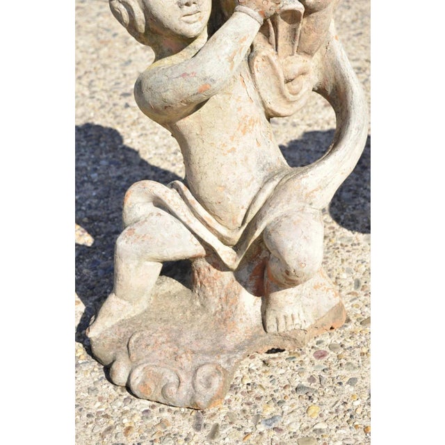 Vintage Cast Terracotta Figural 28" Cherub Putti Garden Planter Pots - A Pair For Sale - Image 4 of 12