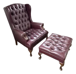 Distressed Leather Chair & Ottoman Oxblood Chesterfield Tufted Wingback Chair