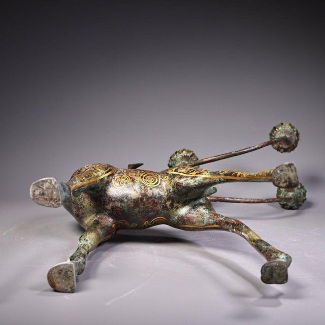 Metal Late 19th Century Gilt Bronze Deer Candelabra With Inscriptions, 2300g, Archaic Motifs For Sale - Image 7 of 10