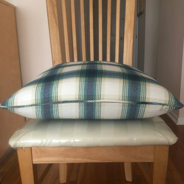 Handcrafted pillow covers, green, navy blue, white and beige cotton plaid with self welting and invisible zipper. Only...